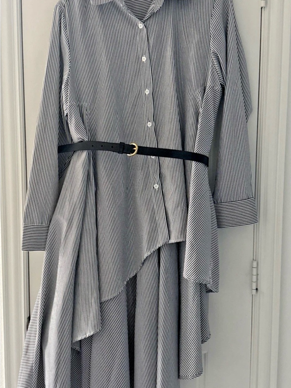 Asymmetrical Black and White Striped Shirt Dress with Belt